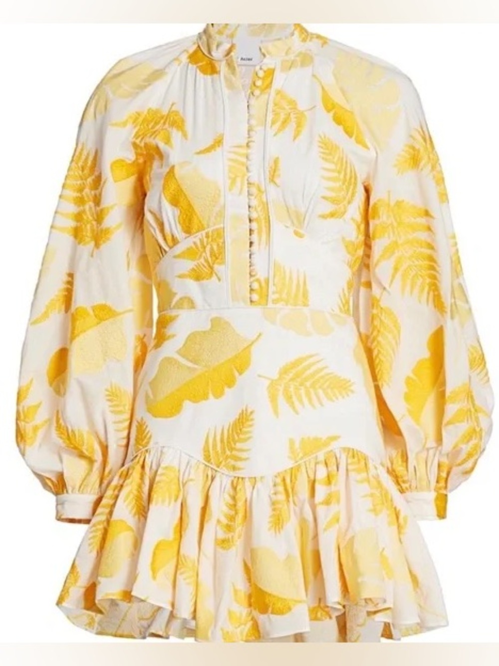 Acler Yellow and White Leaf-Print Ruffle Mini Dress